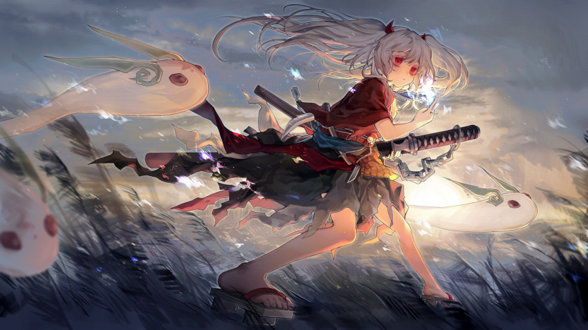 18_(backstreetno18), 1girl, bags_under_eyes, beads, between_fingers, burning, cloud, duel_monster