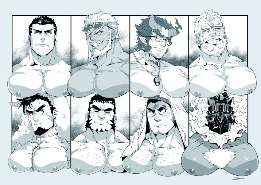 6+boys, aegir_(housamo), animal_hood, bara, bare_pectorals, beard, blush, boar_hood, body_fur, chest_hair, closed_eyes, cross_scar, demon_boy, eyewear_on_head, facial_hair, fang, fiery_horns, fire, forked_eyebrows, glasses, goatee, gullinbursti_(housamo), hachimaki, headband, helmet, highres, hogen_(housamo), hood, horns, houzouin_oniwaka, jewelry, large_pectorals, long_sideburns, male_focus, manly, monochrome, multiple_boys, muscular, necklace, nipples, one_eye_closed, pectoral_focus, pectorals, rybiok, scar, scar_on_face, scar_on_forehead, short_hair, sideburns, smirk, stubble, surtr_(housamo), sweatdrop, tajikarao_(housamo), takemaru_(housamo), thick_eyebrows, tokyo_houkago_summoners, zabaniyya_(housamo)