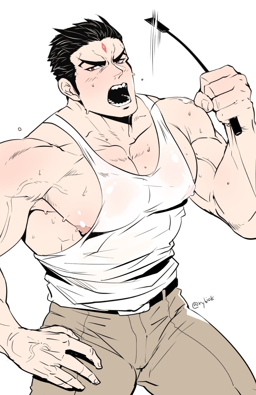 1boy, aizen_(housamo), bara, belt, black_hair, cowboy_shot, forehead_jewel, highres, large_pectorals, light_blush, looking_at_viewer, male_focus, muscular, nipple_slip, nipples, open_mouth, pants, pectorals, red_eyes, rybiok, short_hair, solo, sweat, tank_top, tokyo_houkago_summoners, veins, white_background, white_tank_top