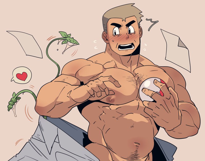 1boy, abs, assisted_exposure, bara, bare_pectorals, blush, chest_hair, embarrassed
