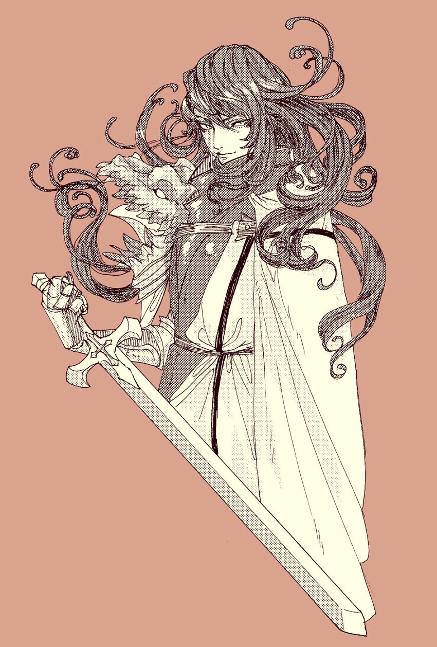 1boy, armor, brown_background, cape, character_request, closed_mouth, dragon, fate/grand_order