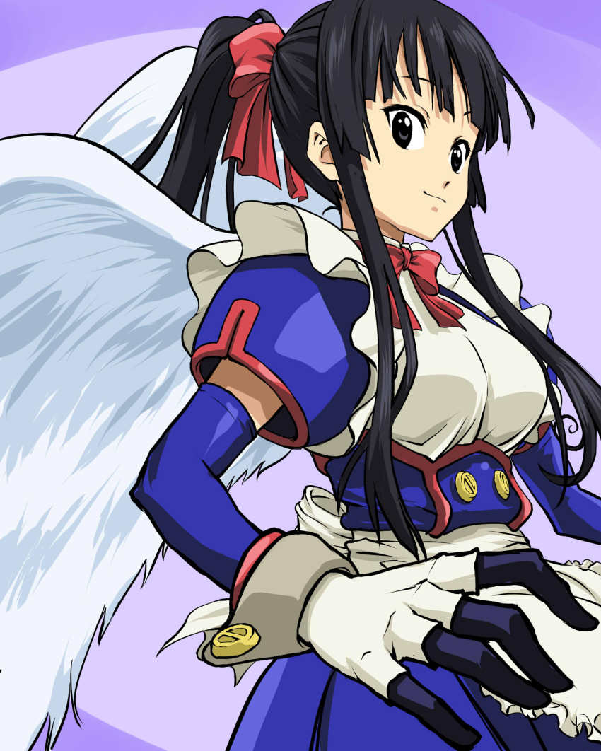 1girl, akiyama_mio, bad_id, bad_pixiv_id, black_eyes, black_hair, cosplay, female_focus, from_below, highres, k-on!, koutetsu_tenshi_kurumi, kurumi_(cosplay), kurumi_(koutetsu_tenshi_kurumi), kurumi_(koutetsu_tenshi_kurumi)_(cosplay), looking_down, manekko_buta, parody, ponytail, solo, wings