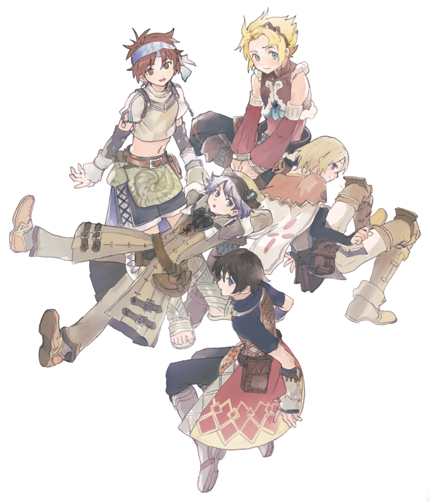5boys, abuku, arm_pillow, arms_behind_head, azel_(rune_factory), bare_shoulders, belt, belt_pouch