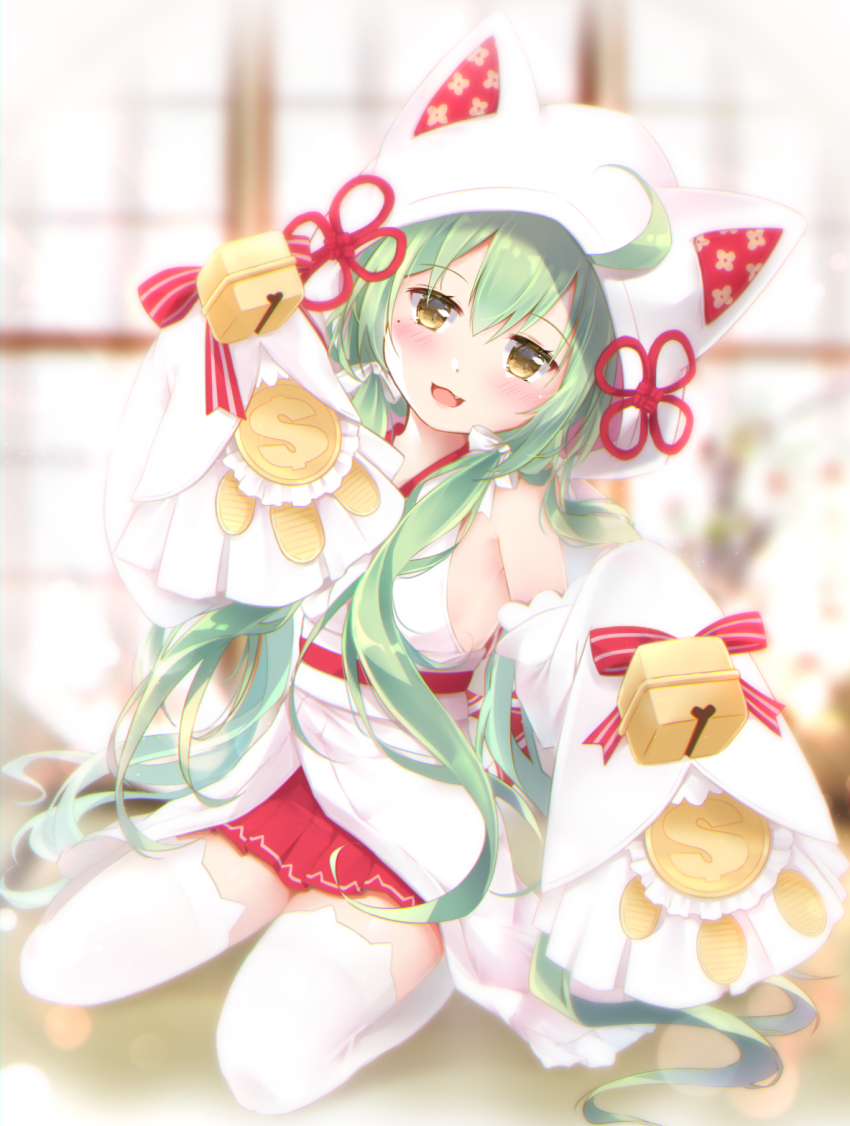 1girl, :3, :d, akashi_(azur_lane), akashi_(white_cat's_repayment)_(azur_lane), armpits, azur_lane, bell, blurry, commentary_request, depth_of_field, detached_sleeves, dollar_sign, dress, green_hair, head_tilt, highres, hood, japanese_clothes, kimono, long_hair, looking_at_viewer, maya_(tirolpop), mole, mole_under_eye, open_mouth, paw_print, pleated_skirt, seiza, sitting, skirt, sleeves_past_wrists, smile, solo, thighhighs, tri_tails, uchikake, wedding_dress, white_thighhighs, wide_sleeves, yellow_eyes, zettai_ryouiki
