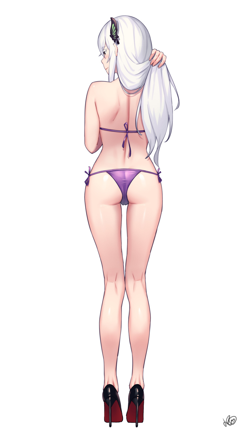 1girl, absurdres, ass, bikini, blush, butterfly_hair_ornament, cameltoe, closed_mouth, colored_eyelashes, echidna_(re:zero), from_behind, full_body, hair_lift, hair_ornament, halterneck, hand_up, high_heels, highres, holding, holding_own_hair, kneepits, long_hair, looking_back, louboutins, pumps, purple_bikini, purple_eyes, re:zero_kara_hajimeru_isekai_seikatsu, shoe_soles, shoes, side-tie_bikini_bottom, sidelocks, simple_background, smile, solo, standing, stiletto_heels, string_bikini, swimsuit, very_long_hair, white_background, white_eyelashes, white_hair, xiaoxi0619