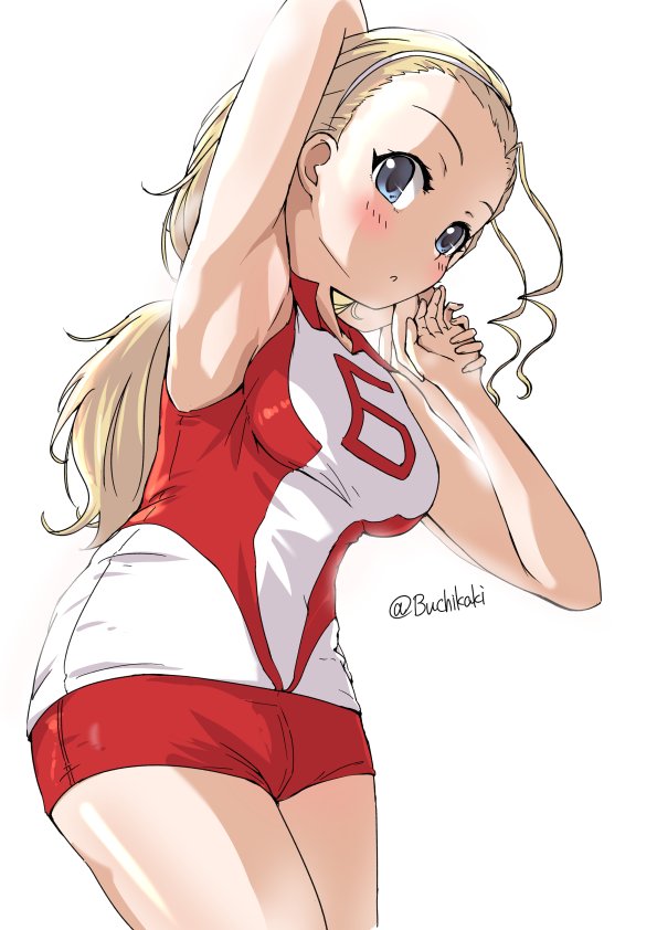 1girl, alternate_eye_color, arm_behind_head, arm_up, blonde_hair, blue_eyes, buchikaki, commentary