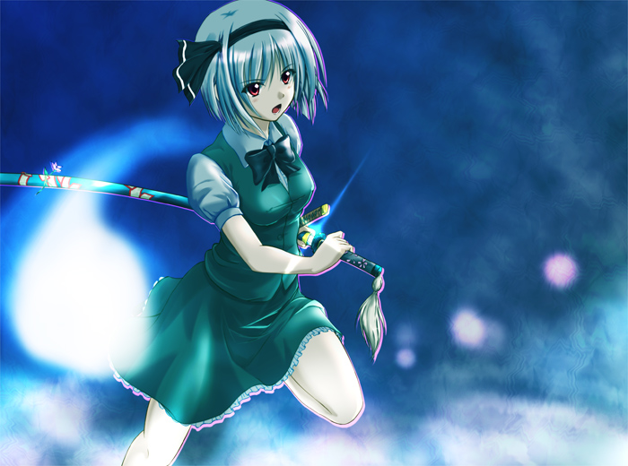 1girl, female_focus, hairband, hitodama, katana, koni, konpaku_youmu, konpaku_youmu_(ghost)