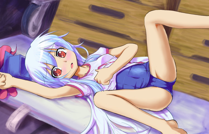 1girl, barefoot, blue_hair, blush, cameltoe, female_focus, flat_chest, gym_uniform, hat, highres, kamishirasawa_keine, long_hair, m_spark, no_pants, one-piece_swimsuit, red_eyes, school_swimsuit, shirt, solo, sui_sui, swimsuit, swimsuit_under_clothes, touhou, very_long_hair