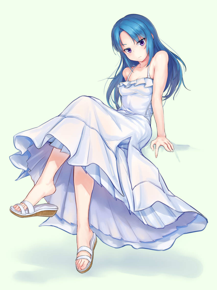 1girl, absurdres, alice_gear_aegis, aomoro, bad_id, bad_pixiv_id, barefoot, blue_bow, blue_hair, bow, crossed_legs, dress, feet, flip-flops, full_body, green_background, high_heels, highres, long_dress, long_hair, ponytail, purple_eyes, sandals, shoe_dangle, simple_background, skirt, sleeveless, sleeveless_dress, sundress, takanashi_rei, toes, wedge_heels, white_dress, white_skirt