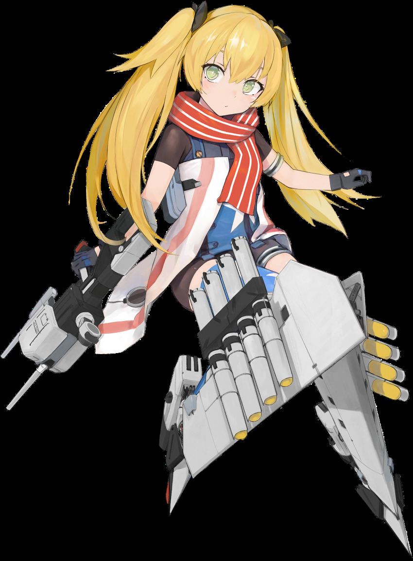 1girl, artist_request, black_bodysuit, black_gloves, blonde_hair, blue_oath, blue_thighhighs, bodysuit, gloves, green_eyes, highres, holding, long_sleeves, maury_(blue_oath), official_art, rigging, scarf, single_thighhigh, solo, striped_clothes, striped_scarf, thigh_strap, thighhighs, torpedo, transparent_background, twintails