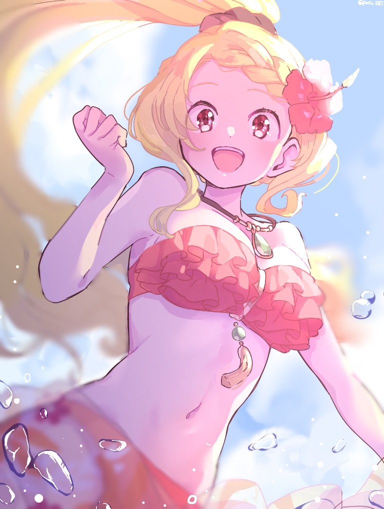 1girl, :d, arms_at_sides, backlighting, bikini, blonde_hair, blue_sky, blurry