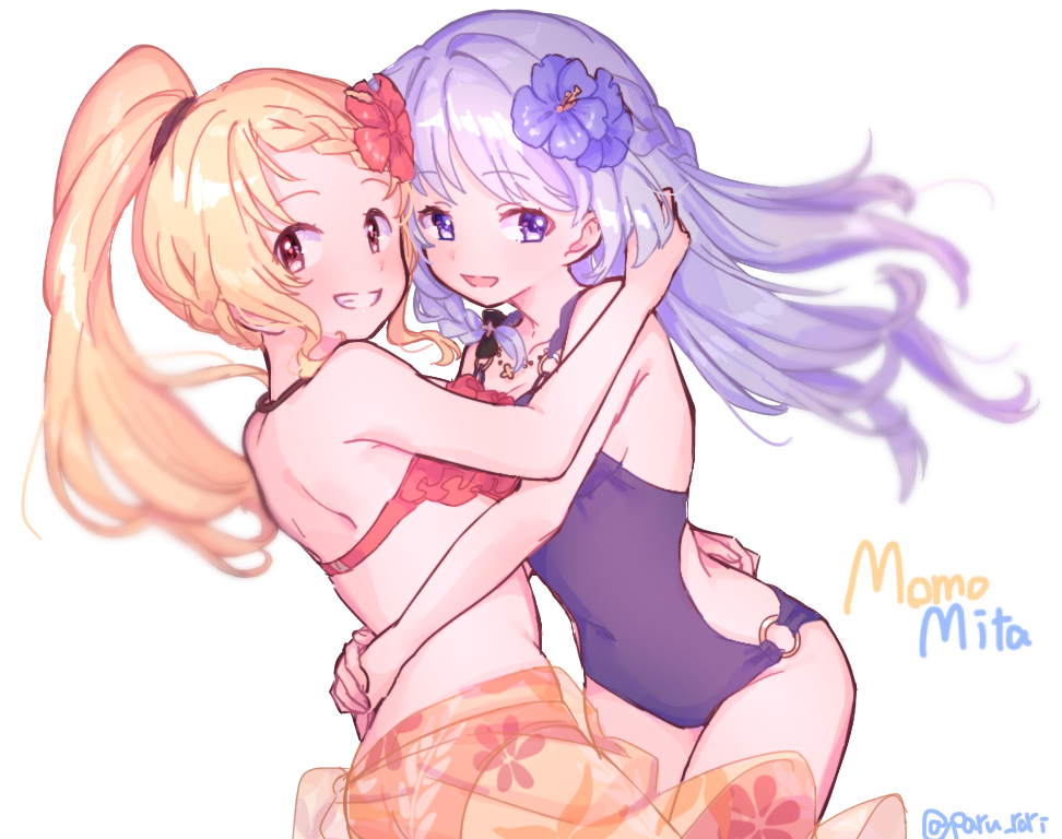 2girls, :d, armpit_crease, backless_swimsuit, bikini, blonde_hair, blue_flower, blue_one-piece_swimsuit