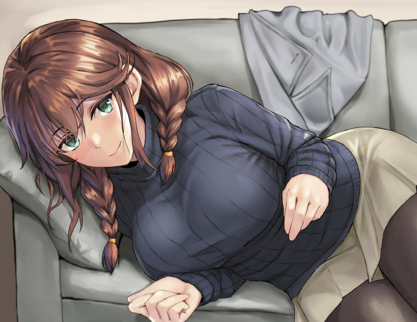 1girl, alternate_costume, black_pantyhose, black_sweater, blush, braid, breasts, brown_hair, closed_mouth, green_eyes, grey_skirt, hair_between_eyes, kantai_collection, kokuzou, large_breasts, long_hair, long_sleeves, noshiro_(kancolle), noshiro_(lawson)_(kancolle), pantyhose, pleated_skirt, ribbed_sweater, skirt, smile, solo, sweater, twin_braids