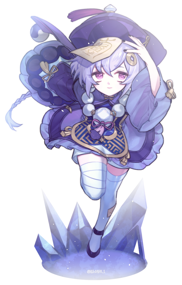 1girl, black_nails, braid, braided_ponytail, chinese_clothes, crystal, dress, genshin_impact, hair_ornament, hat, jiangshi, light_particles, long_sleeves, nail_polish, ofuda, p0p0, pale_skin, pom_pom_(clothes), purple_eyes, purple_hair, purple_hat, qingdai_guanmao, qiqi_(genshin_impact), running, shorts, shorts_under_dress, single_braid, smile, solo, talisman, thighhighs, tokin_hat, twitter_username, white_background, white_thighhighs