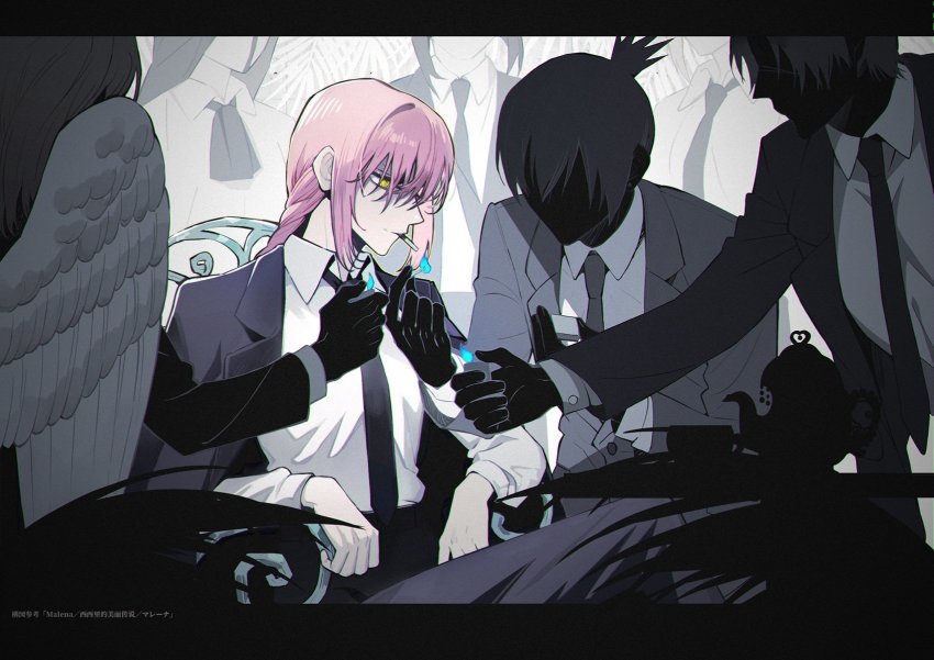 2boys, 5girls, angel_devil_(chainsaw_man), black_necktie, black_pants, black_suit, braid, braided_ponytail