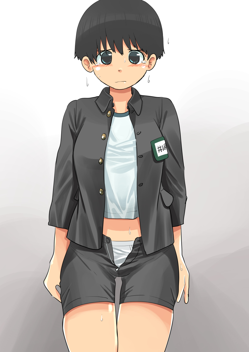 1girl, absurdres, black_hair, blush, briefs, female_focus, genderswap, genderswap_(mtf)