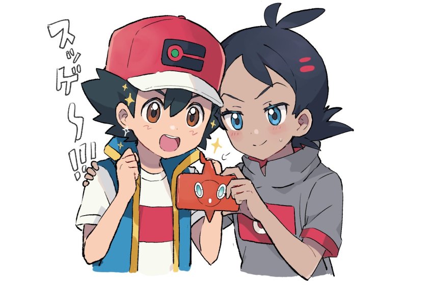 1paku54, 2boys, antenna_hair, ash_ketchum, baseball_cap, black_hair, blue_eyes, blue_jacket