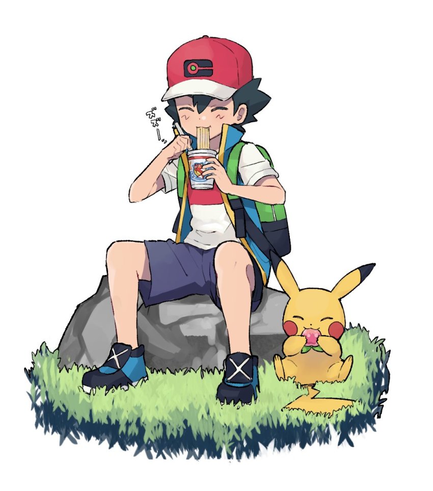 1boy, 1paku54, ash_ketchum, backpack, bag, baseball_cap, berry_(pokemon), black_hair