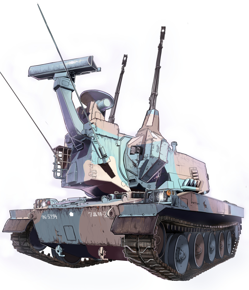 absurdres, anti-aircraft, anti-aircraft_gun, autocannon, cannon, caterpillar_tracks, commentary_request, highres, izushi_(keeki), military, military_vehicle, motor_vehicle, no_humans, oerlikon_gdf, oerlikon_gdf_35_mm_twin_cannon, original, self-propelled_anti-aircraft-gun, self-propelled_anti-aircraft_weapon, self-propelled_gun, tank, turret, type_87_self-propelled_anti_aircraft_gun, vehicle_focus, white_background