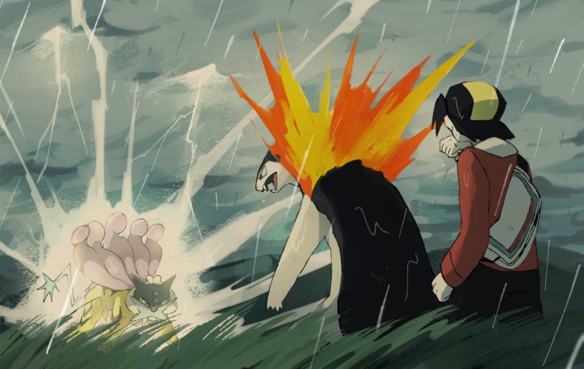 1boy, backwards_hat, baseball_cap, battle, black_hair, ethan_(pokemon), fangs, fire, gen_2_pokemon, grass, hat, legendary_pokemon, lightning, long_sleeves, mashita._(mentaiko_omoti), nintendo, open_mouth, outdoors, pokemon, pokemon_(creature), pokemon_heartgold_and_soulsilver, raikou, rain, standing, tongue, typhlosion