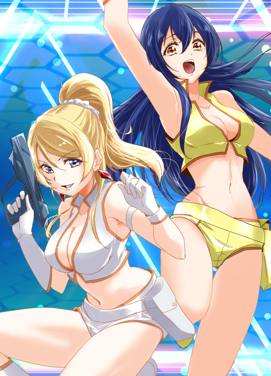 2girls, ayase_eli, blonde_hair, blue_eyes, blue_hair, breasts, cleavage, company_connection