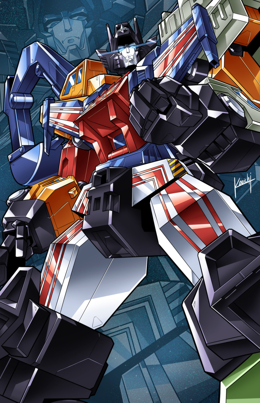 blue_eyes, clenched_hand, commission, from_below, glowing, glowing_eyes, highres, kouichi_(kouichi-129), looking_up, mecha, no_humans, robot, sixbuilder, skeb_commission, solo, standing, transformers, transformers:_japanese_generation_1, transformers:_operation_combination, transformers_micromaster, zoom_layer