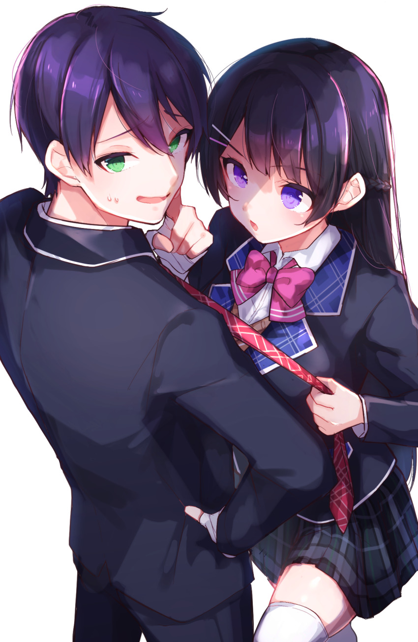 1boy, 1girl, bandaged_hand, bandages, black_hair, black_jacket, black_pants, black_skirt
