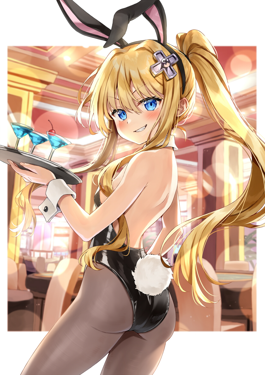 1girl, alternate_costume, animal_ears, ass, back, backless_leotard, backless_outfit, bare_arms