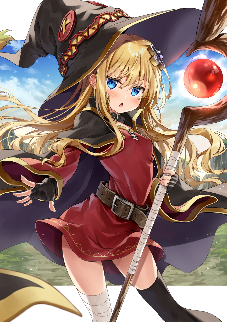 1girl, :<, bandaged_leg, bandages, belt, black_hat, black_thighhighs, blonde_hair