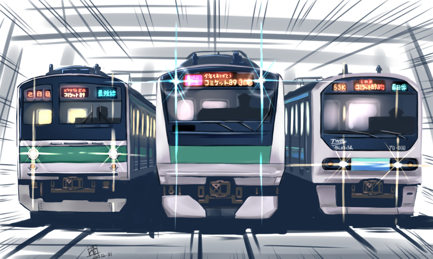comiket_89, dated, east_japan_railway_company, emphasis_lines, glowing, japan_railways, jr_205_series, jr_east_e233_series, mistrail, multiple_unit_train, no_humans, original, railroad_tracks, signature, silhouette, tokyo_rinkai_kousoku_tetsudou, train, twr_70-000_series, vehicle_focus, vehicle_request