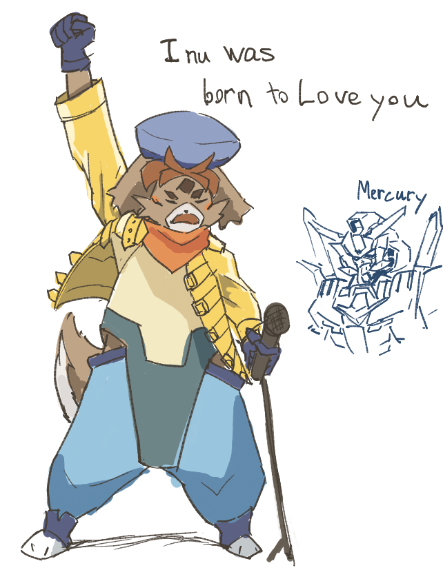 1boy, clenched_hand, closed_eyes, cosplay, english_text, freddie_(gundam_build_divers_re:rise), freddie_mercury, freddie_mercury's_rage_pose