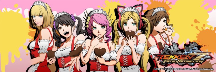 5girls, alisa_boskonovich, animal_ear_headphones, animal_ears, aqua_eyes, bandai_namco, blue_eyes, brown_eyes, cat_ear_headphones, cat_ears, copyright_name, emilie_de_rochefort, fake_animal_ears, female_focus, headphones, heart_chocolates, kazama_asuka, ling_xiaoyu, lucky_chloe, maid_headdress, multiple_girls, namco, tekken, tekken_7