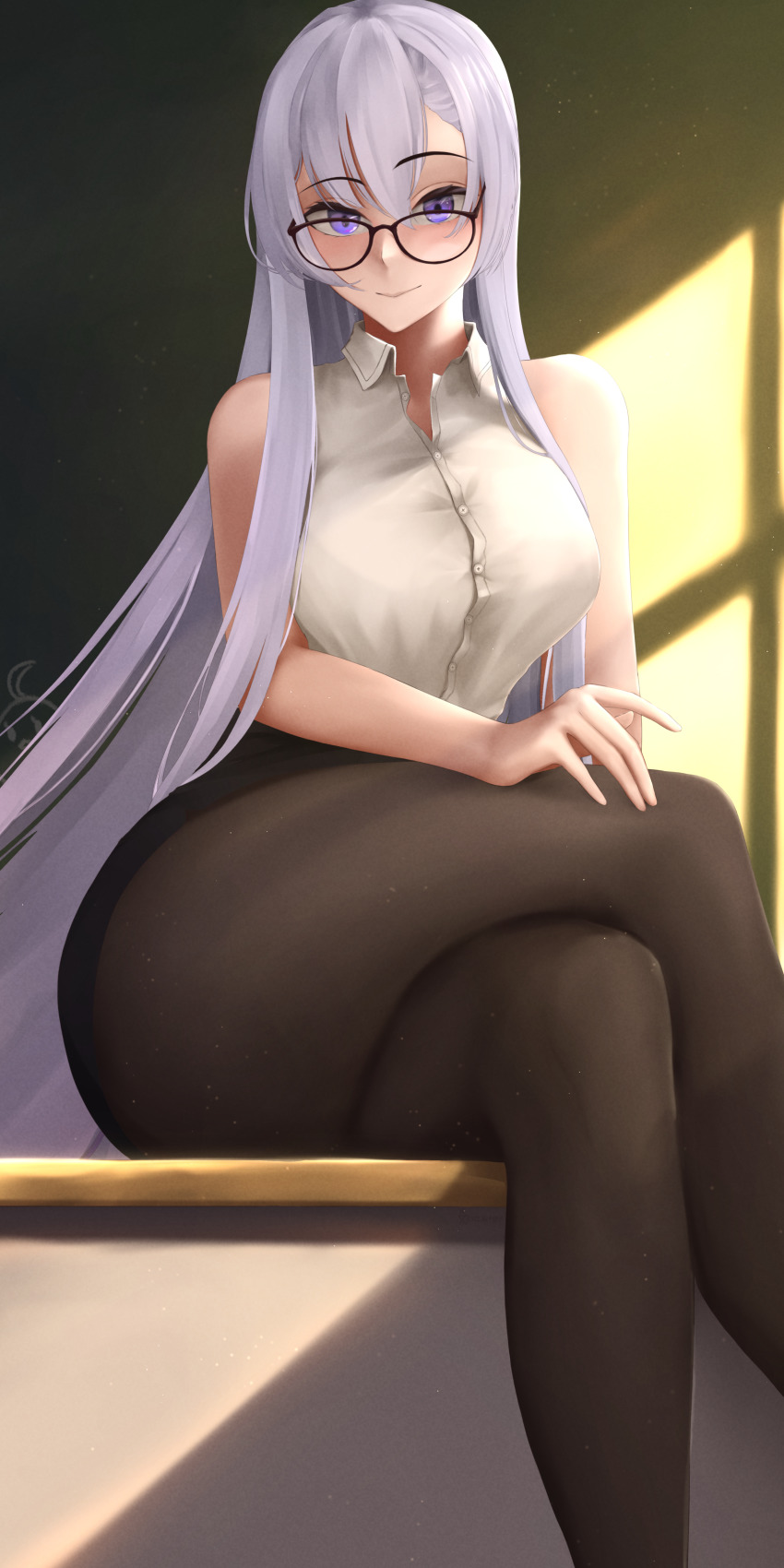 1girl, absurdres, azur_lane, belfast_(azur_lane), black_pantyhose, black_skirt, blush, breasts, closed_mouth, crossed_legs, eko.art, glasses, highres, large_breasts, long_hair, looking_at_viewer, pantyhose, pencil_skirt, purple_eyes, shirt, silver_hair, sitting, skirt, sleeveless, sleeveless_shirt, smile, solo, teacher, thighs, white_shirt