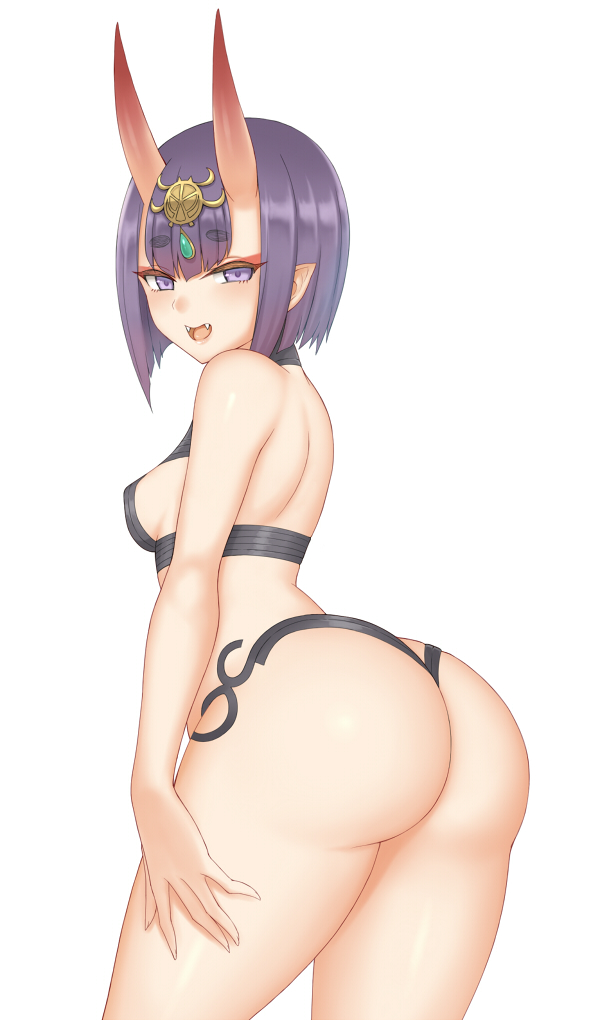 1girl, ass, back, bare_shoulders, blush, bob_cut, breasts, eyeliner