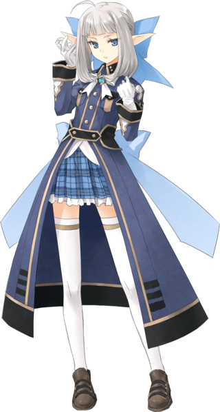 beatrice_(kinki_no_magna), blue_eyes, blue_ribbon, kinki_no_magna, official_art, plaid_clothes, plaid_skirt, ribbon, skirt, socks, thighhighs, white_hair