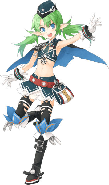 1girl, blue_eyes, child, flat_chest, gabriele_(kinki_no_magna), green_hair, kinki_no_magna, long_hair, midriff, official_art, pointy_ears, smile