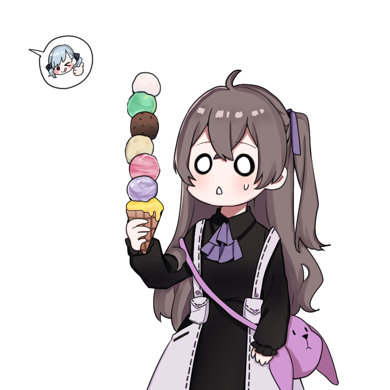 1girl, aged_down, ahoge, alternate_costume, ascot, bag, black_dress, blush