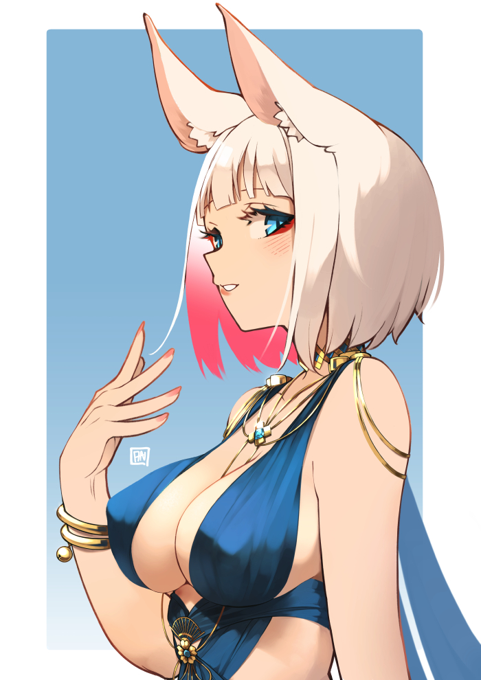1girl, animal_ear_fluff, animal_ears, arm_at_side, azur_lane, bare_shoulders, between_breasts, blue_background