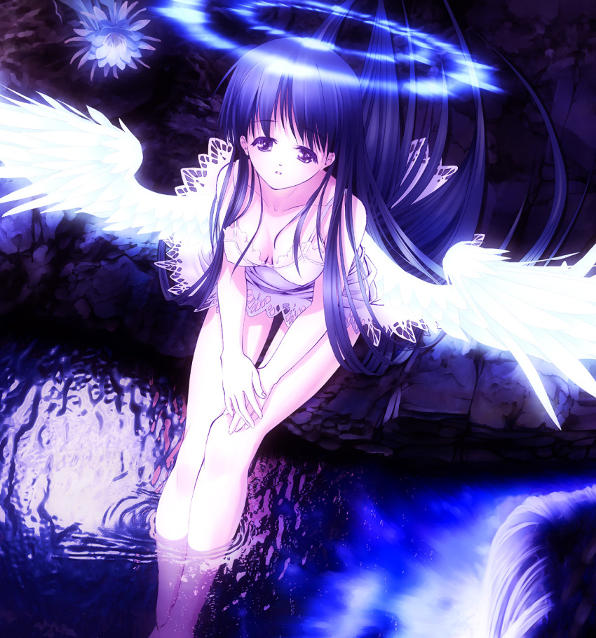 1girl, angel, bad_id, bad_pixiv_id, blue_hair, breasts, dress, female_focus