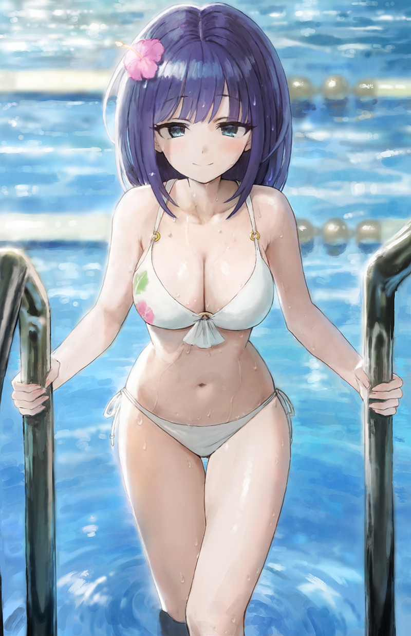 1girl, bikini, blue_eyes, blush, breasts, cleavage, collarbone, eyelashes