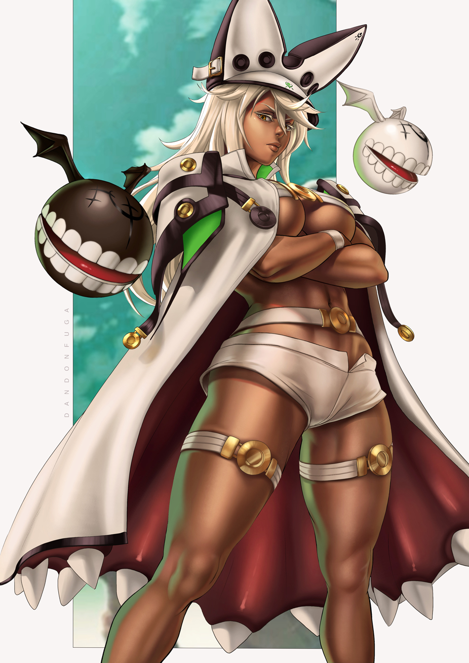 artist_name, beige_shorts, black_headwear, blonde_hair, breasts, brown_eyes, cape, crossed_arms, dandon_fuga, dark-skinned_female, dark_skin, guilty_gear, guilty_gear_xrd, hat, highres, legband, looking_at_viewer, micro_shorts, navel, ramlethal_valentine, shorts, standing, waistband, white_cape, white_headwear, wristband