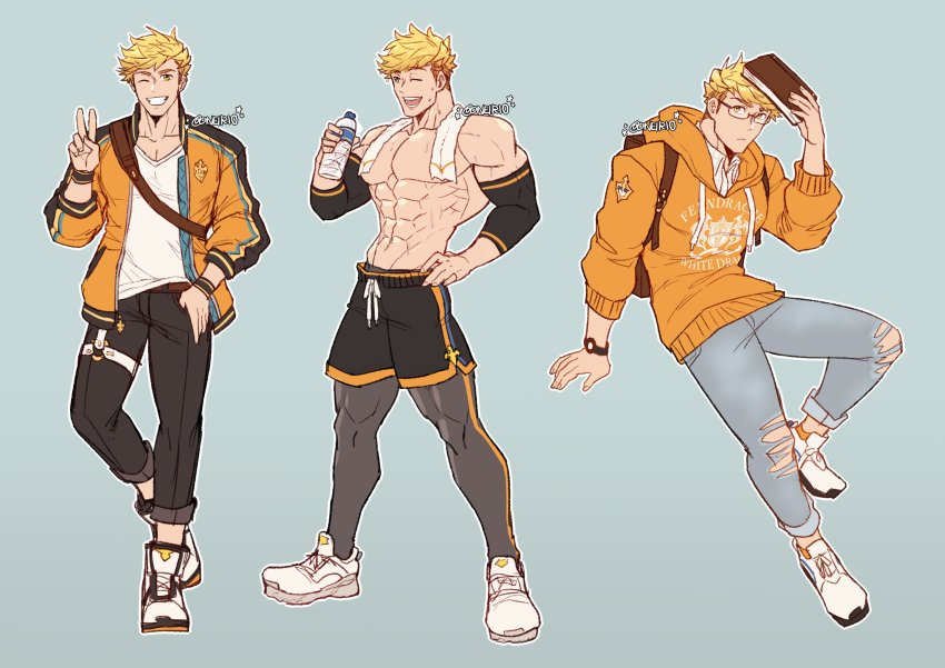 1boy, abs, absurdres, alternate_costume, bara, bare_pectorals, bare_shoulders, blonde_hair