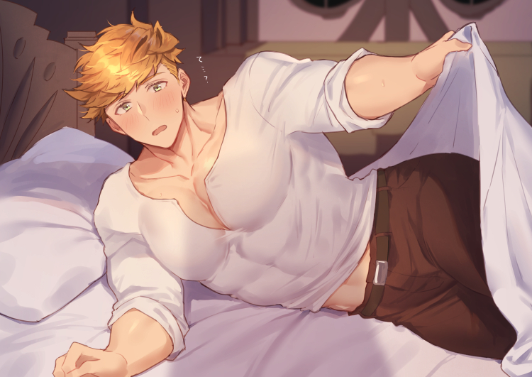 1boy, abs, bara, bed_sheet, blonde_hair, blush, brown_pants, cleavage_cutout