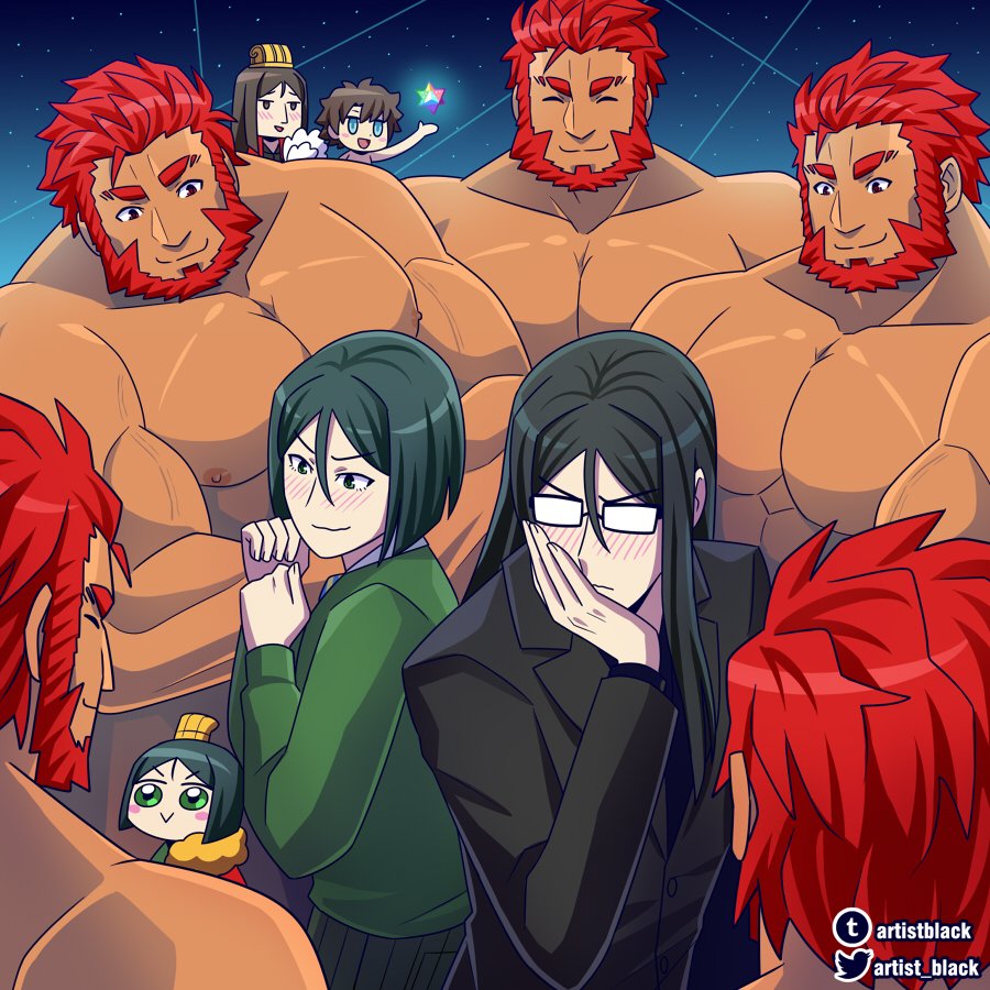 6+boys, ^_^, abs, artist_black, artist_name, bara, bare_pectorals, beard