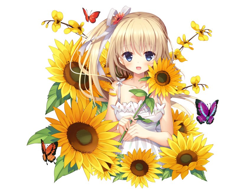 1girl, :d, animal, bare_arms, bare_shoulders, blue_eyes, blush, breasts