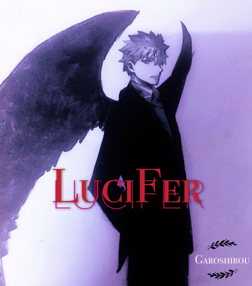 1boy, angel_wings, black_pants, black_suit, black_wings, business_suit, cosplay, dc_comics, formal_clothes, frown, garoshirou, glowing, hand_in_pocket, highres, oversized_wings, lucifer_(series), lucifer_morningstar, lucifer_morningstar_(cosplay), orange_hair, pants, shadow, solo, suit, title, tuxedo, wings, yellow_eyes