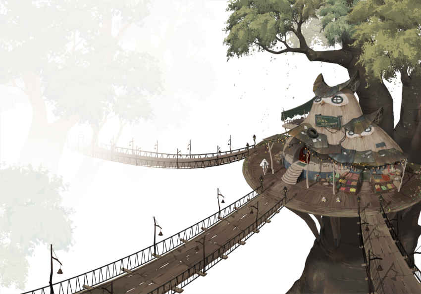 1boy, 3others, aso20, box, bridge, chair, coat, crate