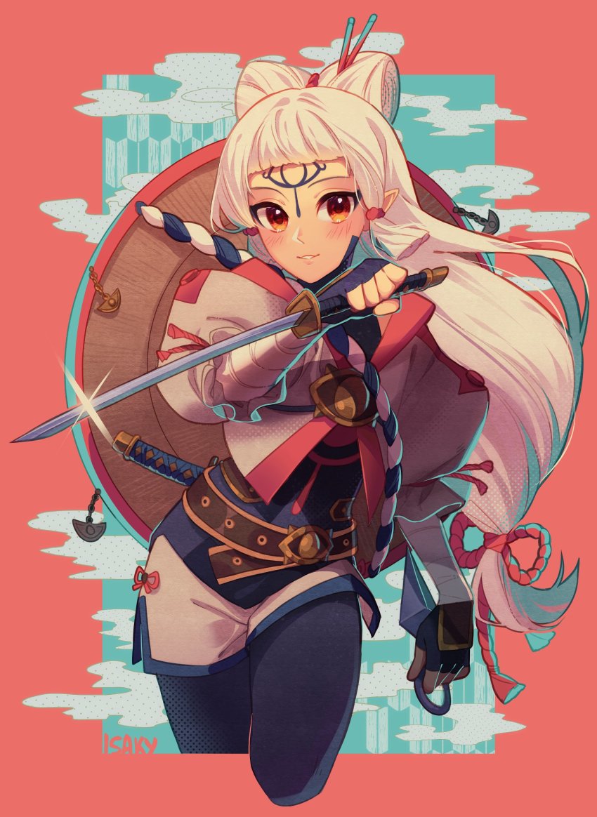 1girl, cowboy_shot, eye_symbol, facial_mark, forehead_mark, hair_ornament, hair_stick, hat_on_back, highres, holding, holding_sword, holding_weapon, hyrule_warriors:_age_of_calamity, impa, isakysaku, katana, kunai, long_hair, looking_at_viewer, low-tied_long_hair, nintendo, parted_lips, pointy_ears, red_background, sheikah, solo, sword, the_legend_of_zelda, the_legend_of_zelda:_breath_of_the_wild, very_long_hair, weapon, white_hair, yellow_eyes