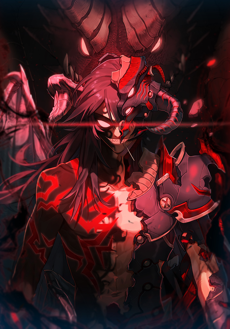 1boy, abs, armor, black_armor, black_hair, broken, broken_armor, clenched_teeth