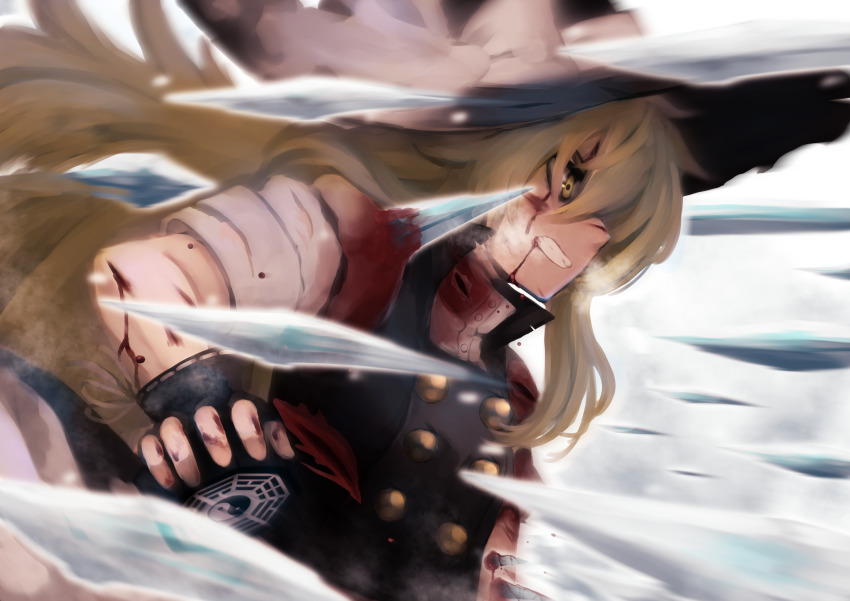 1girl, absurdres, adapted_costume, bagua, bakaryuu, battle, black_gloves, black_vest, blonde_hair, blood, blood_drip, blood_drop, blood_from_mouth, blood_on_arm, blood_on_clothes, blood_on_face, blouse, blurry, bow, buttons, cirno, clenched_teeth, commentary_request, cuts, danmaku, dripping, fingerless_gloves, from_side, gloves, hair_between_eyes, hat, hat_bow, high_collar, highres, icicle, injury, kirisame_marisa, long_bangs, long_hair, mini-hakkero, motion_blur, parted_lips, profile, puffy_sleeves, shirt, sidelocks, solo_focus, teeth, torn_clothes, torn_shirt, touhou, trigram, turtleneck, upper_body, very_long_hair, vest, white_bow, white_shirt, witch_hat, yellow_eyes, yin_yang